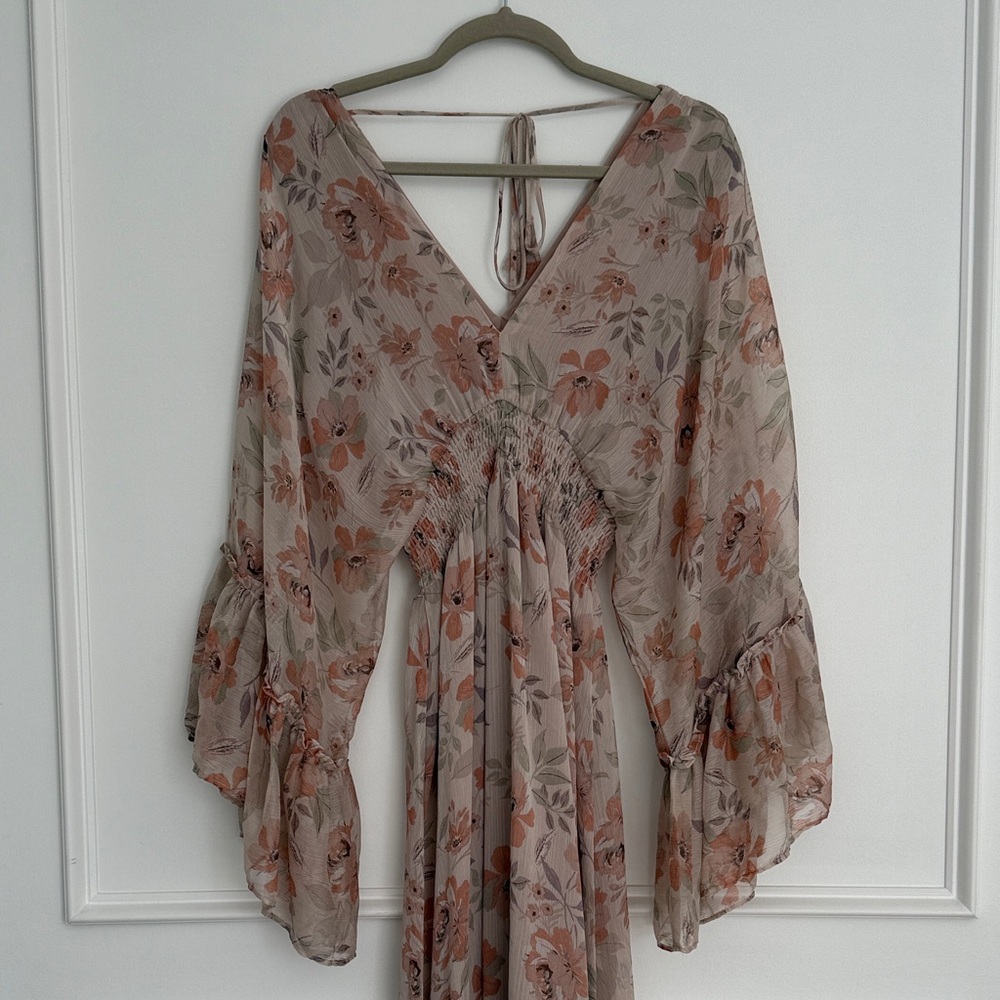 Dress Forum Dusty Peach Floral Maxi Dress with Bell Sleeves